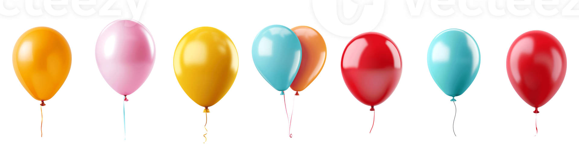 A row of colorful balloons in various shapes and sizes. png