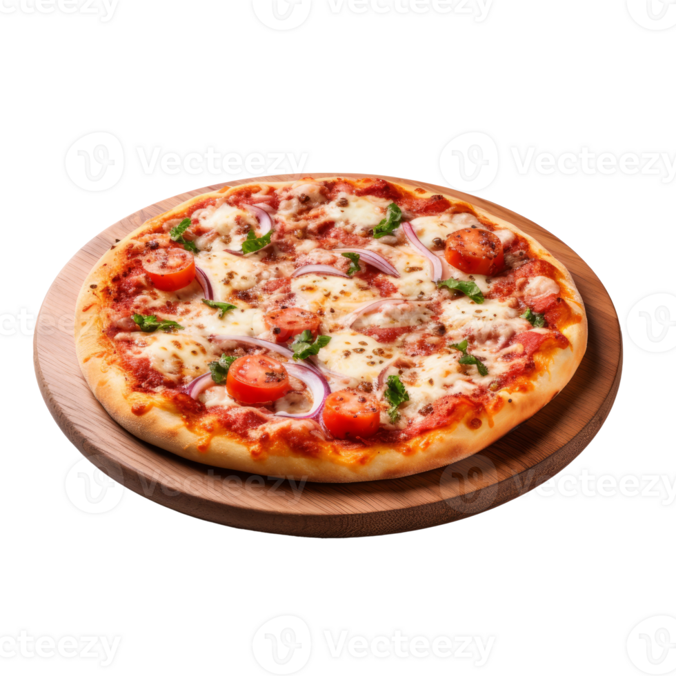 Pizza on wooden cutting board. Realistic cutout element isolated on transparent background. . png