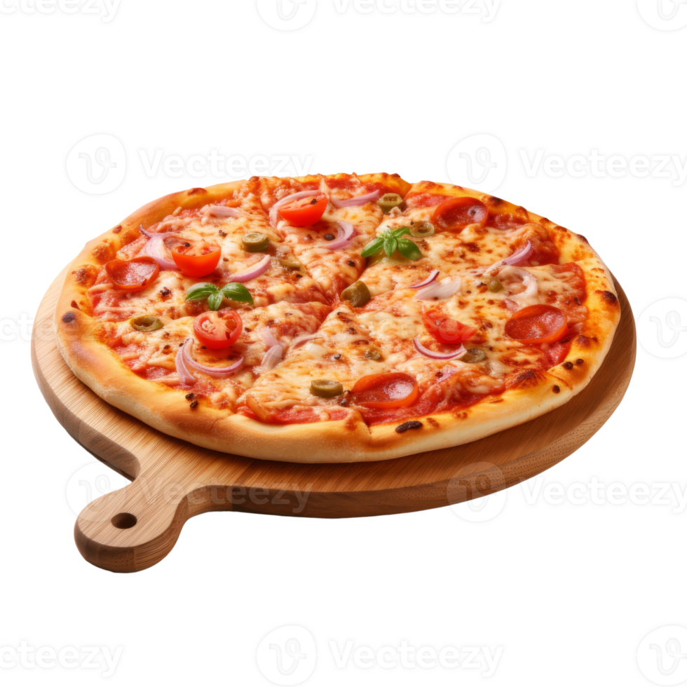 Pizza on wooden cutting board. Realistic cutout element isolated on transparent background. . png