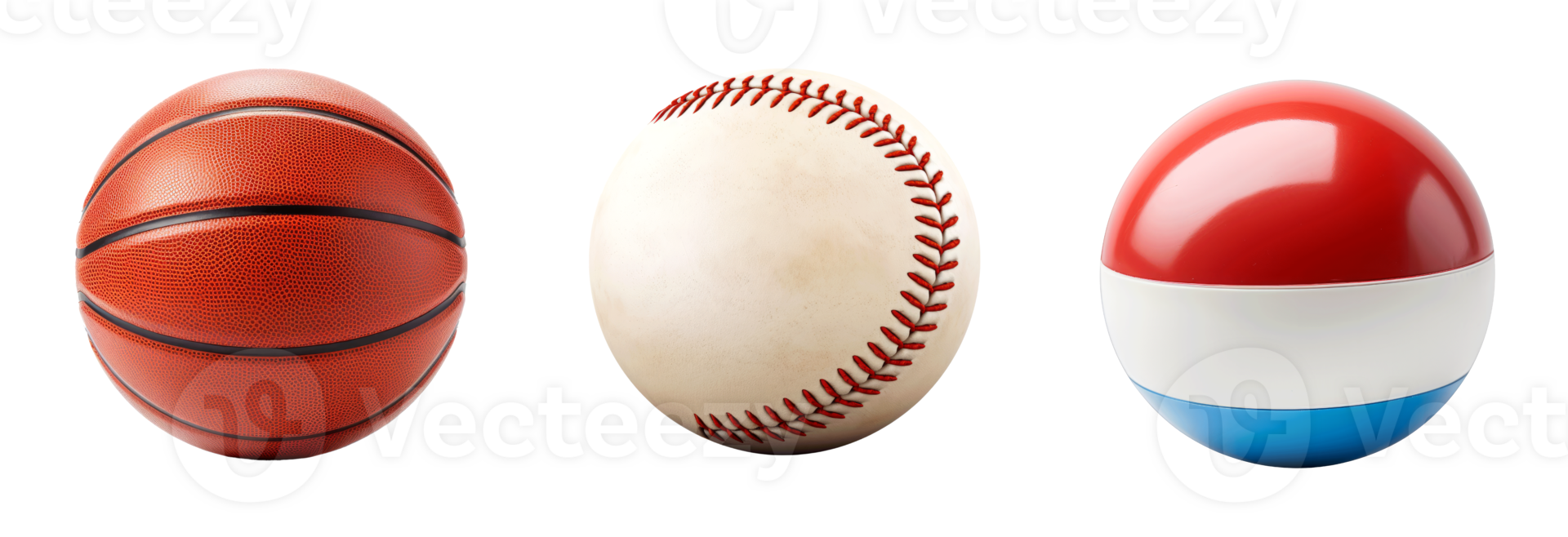 Three sports balls including a basketball and baseball on a transparent background. png