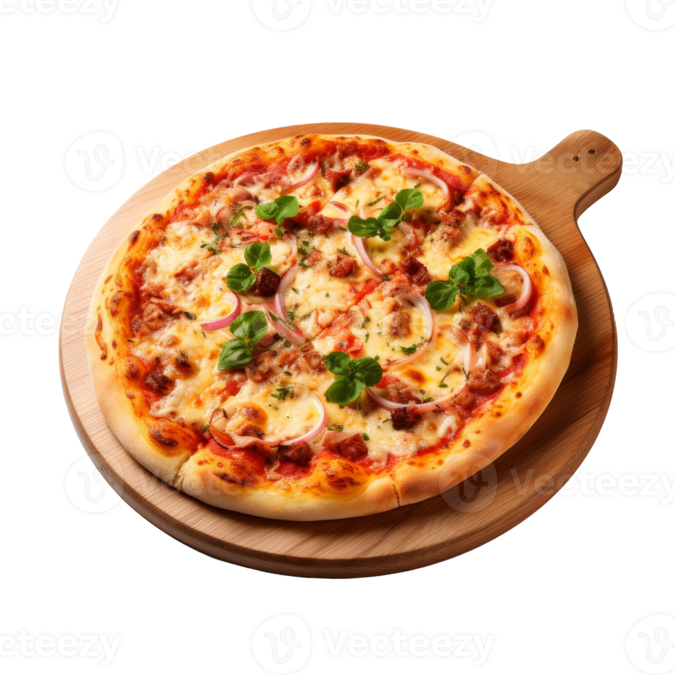Pizza on wooden cutting board. Realistic cutout element isolated on transparent background. . png
