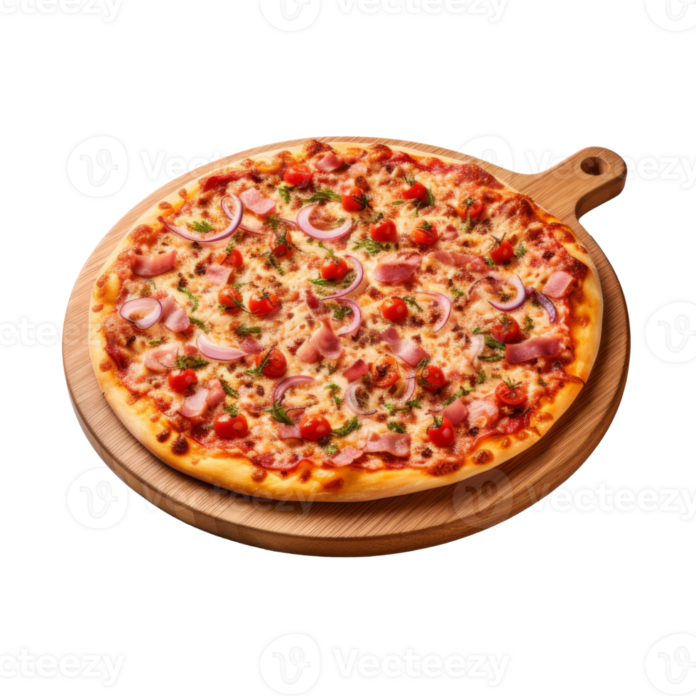 Pizza on wooden cutting board. Realistic cutout element isolated on transparent background. . png