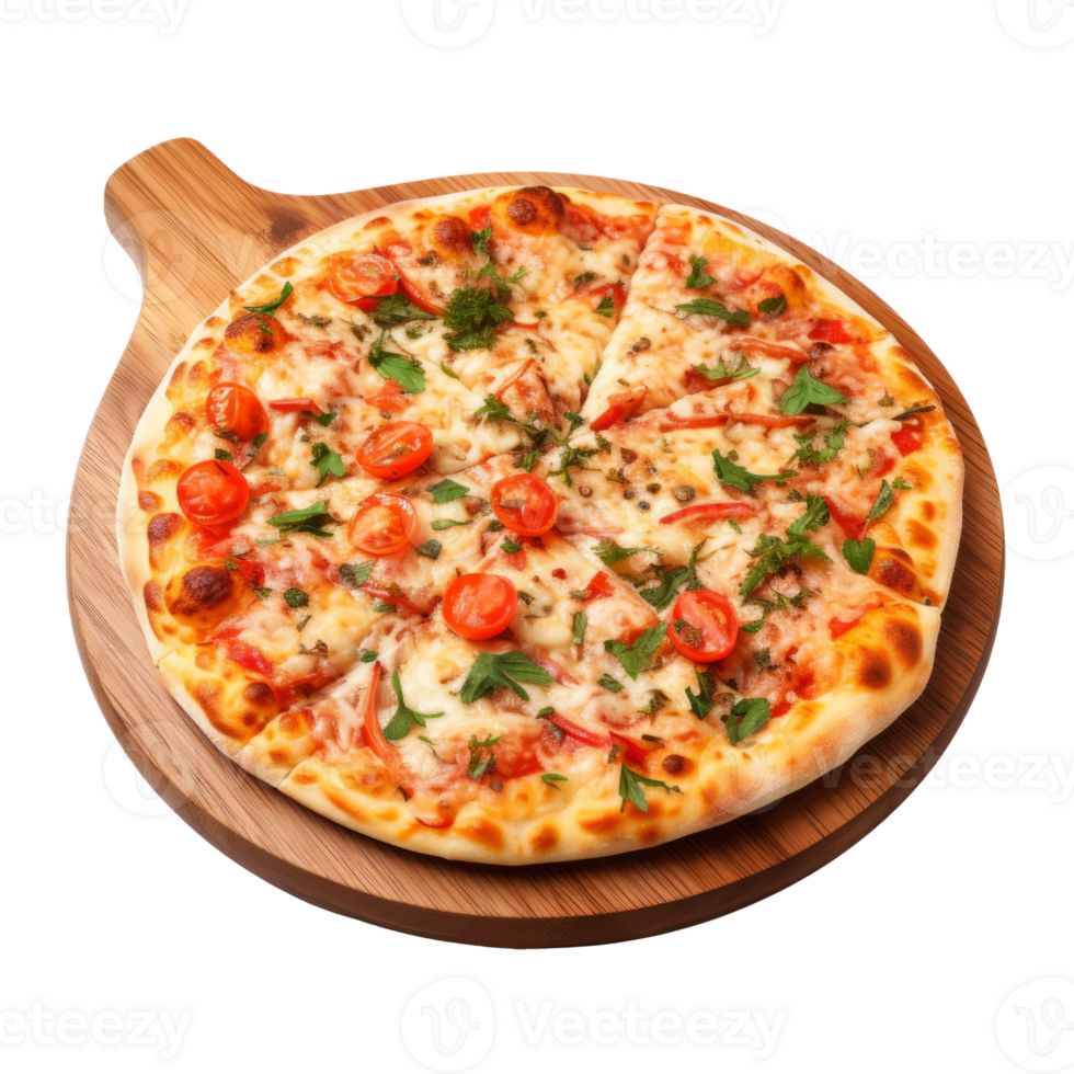 Pizza on wooden cutting board. Realistic cutout element isolated on transparent background. . png