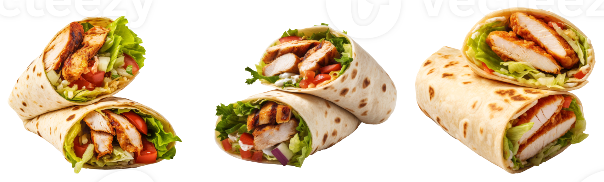 Delicious chicken wraps with fresh vegetables in tortilla bread png