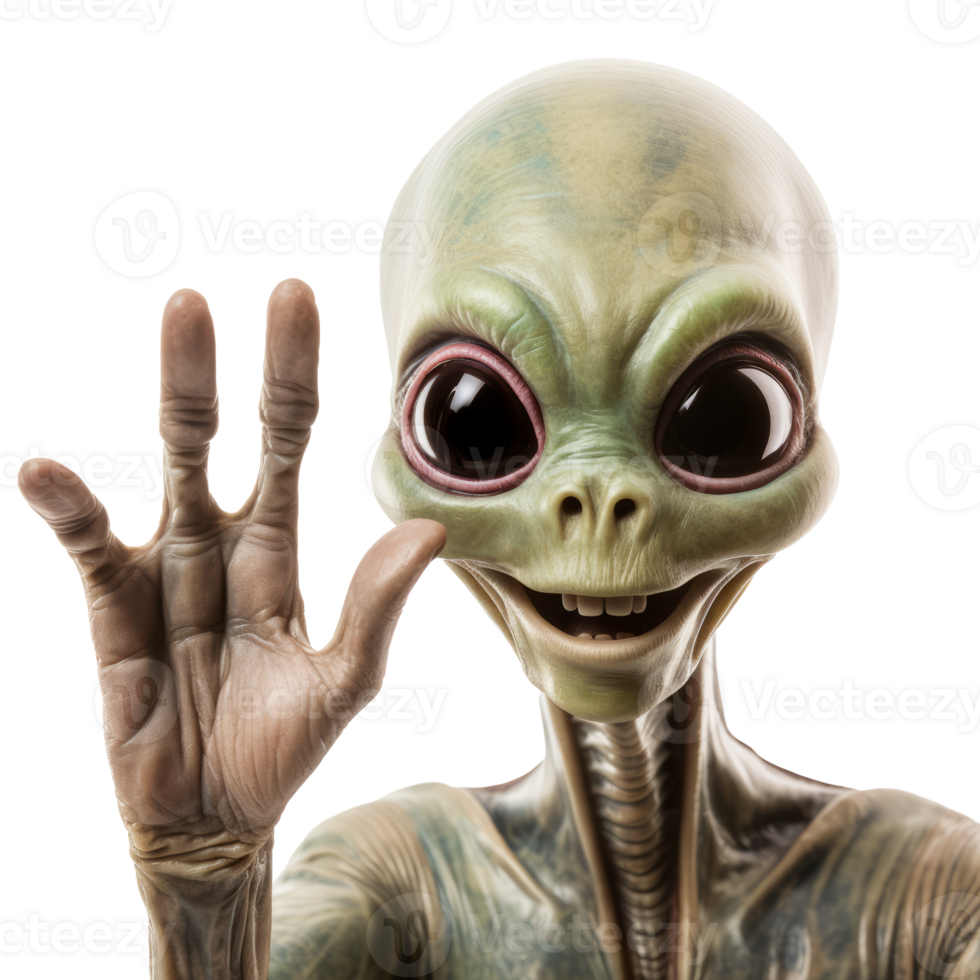 Aliens arrival concept, aliens are smiling and waving greeting. Isolated on transparent background png