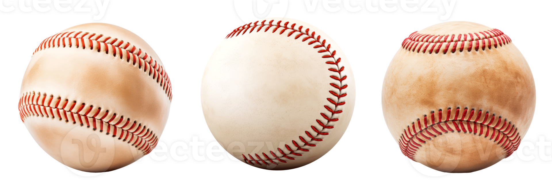 Three baseballs showcasing different textures and conditions on a transparent background png