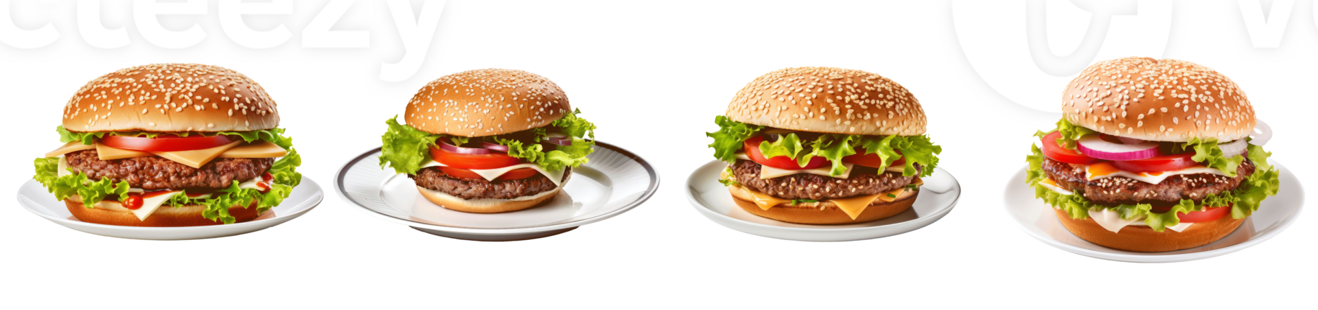 A variety of delicious hamburgers on white plates featuring fresh ingredients png