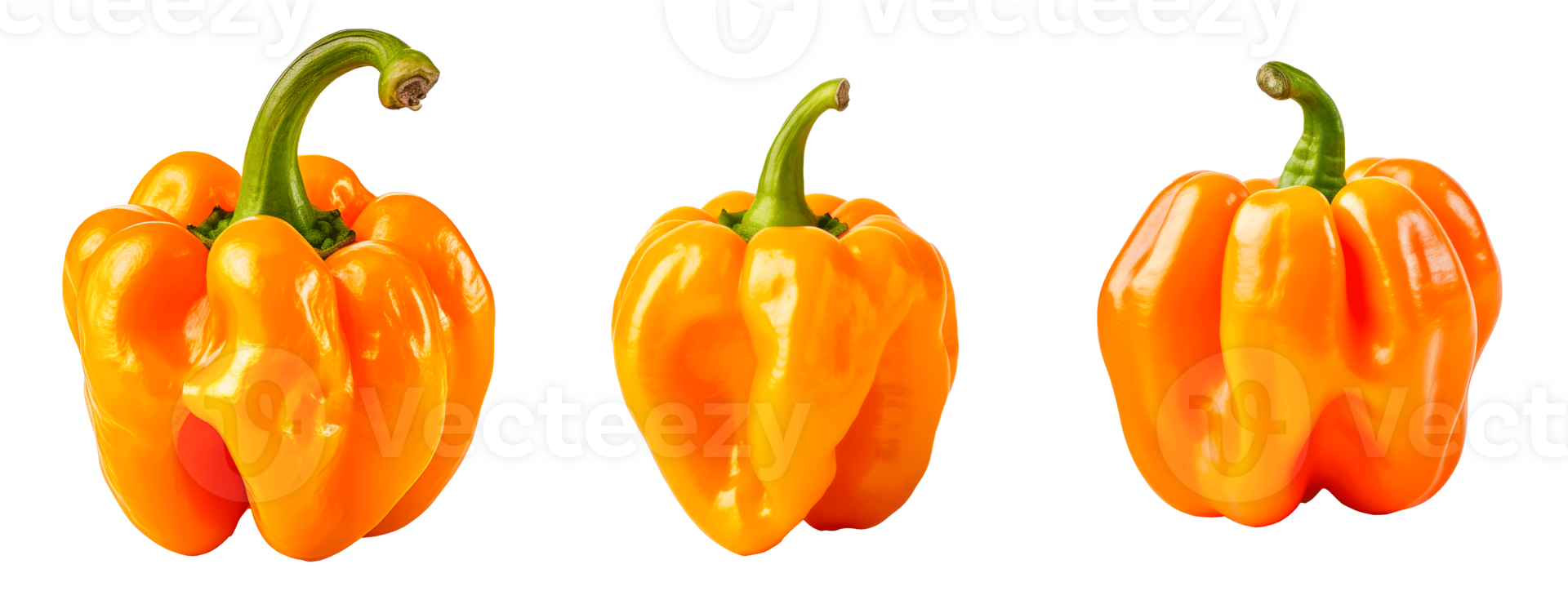 Three vibrant yellow bell peppers isolated on a transparent background png