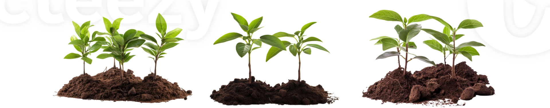 Three stages of plant growth with green leaves and soil png