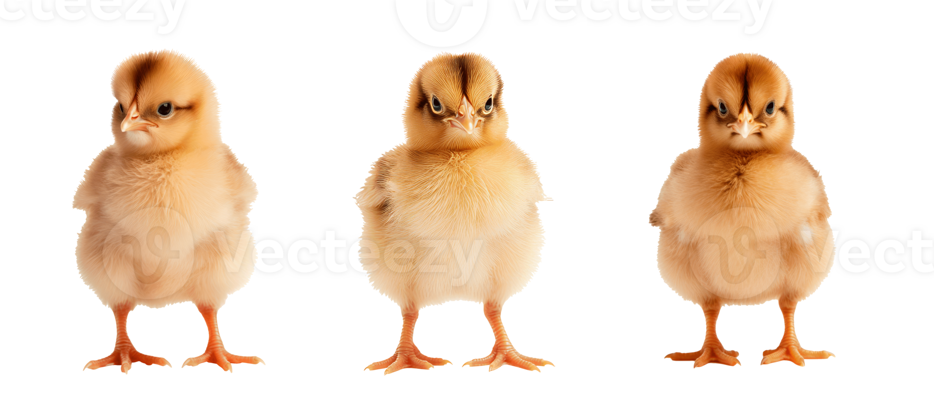Three adorable baby chicks standing in a row on a white background. png