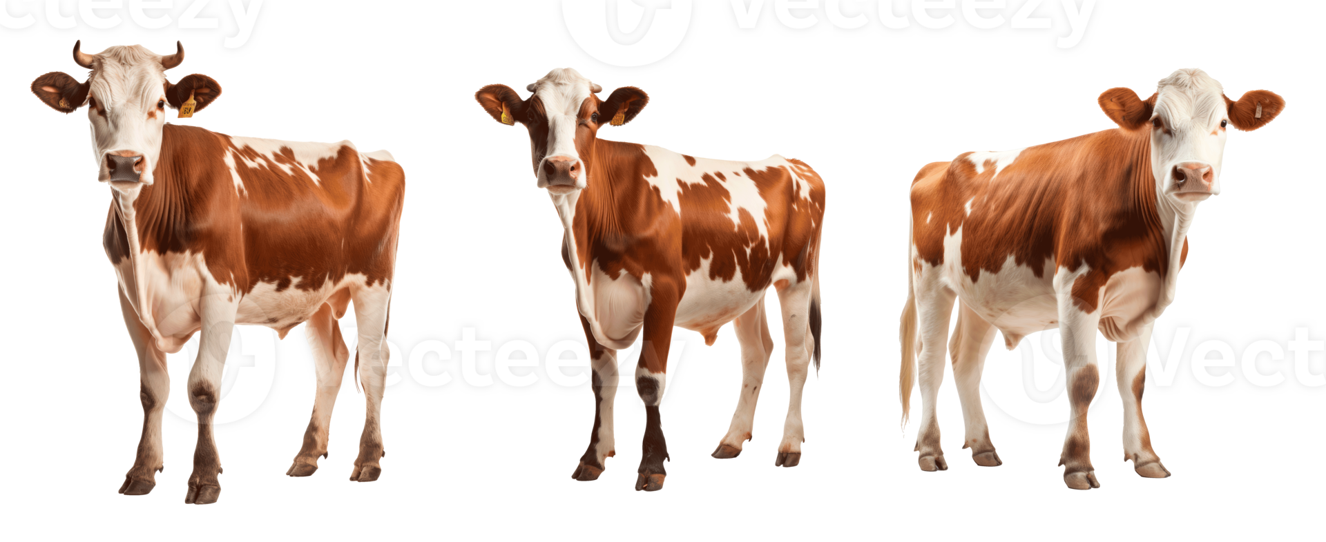 Three cute brown and white cows standing on a transparent background png