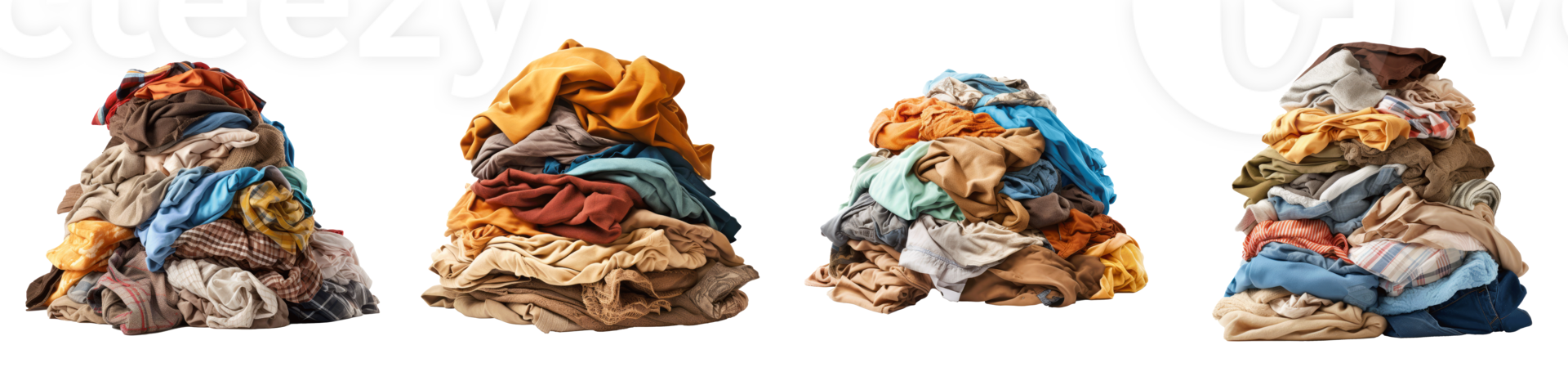 Colorful piles of messy laundry fabrics stacked on a transparent background png