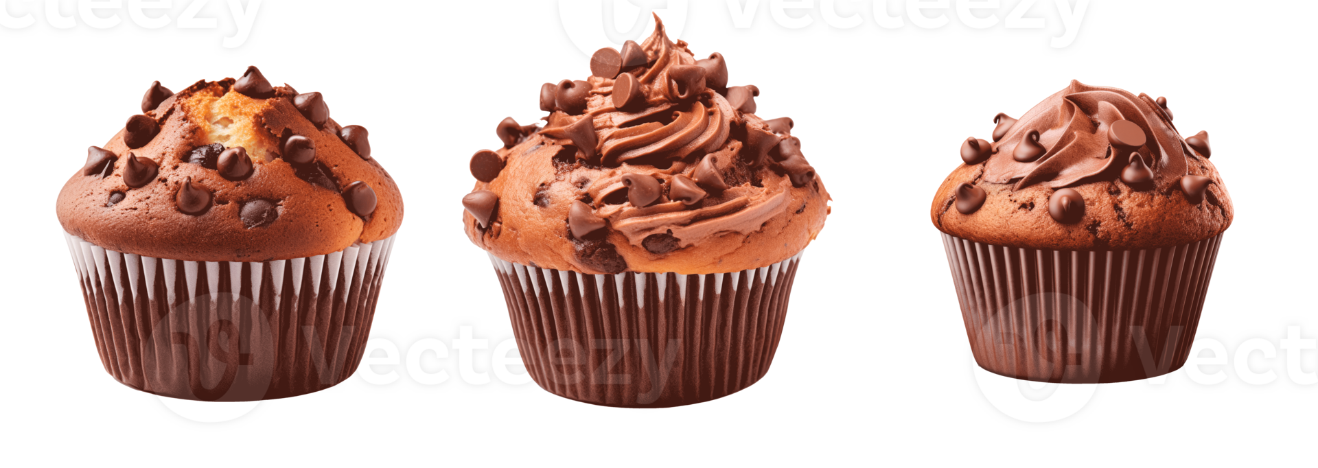 Three delicious chocolate cupcakes with frosting on a white background png