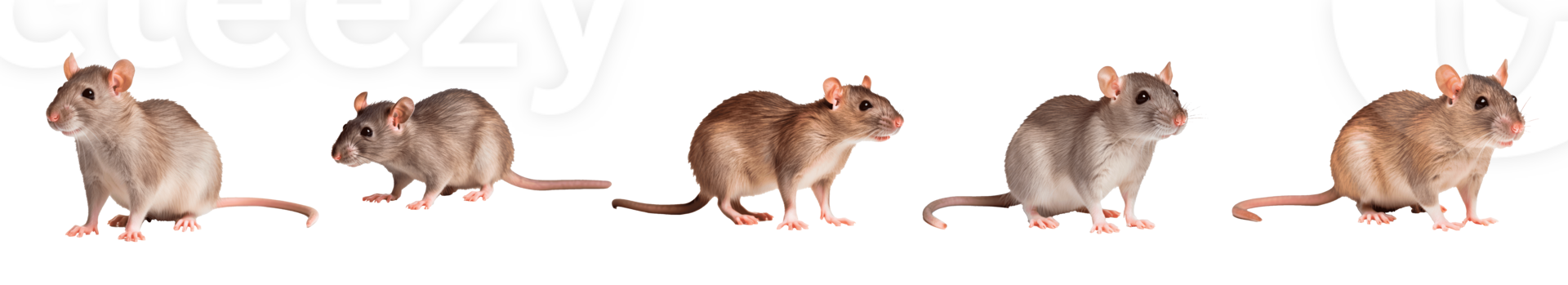 Five adorable mice lined up on a transparent background png