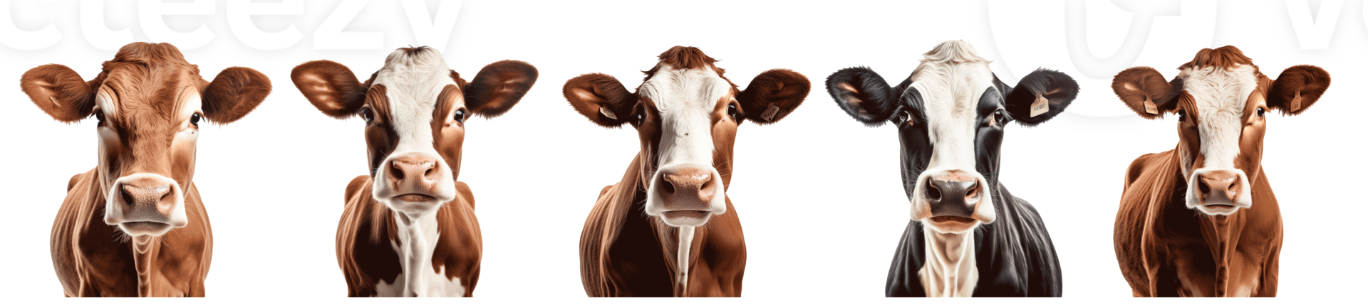 A group of cows in various colors isolated on a transparent background png