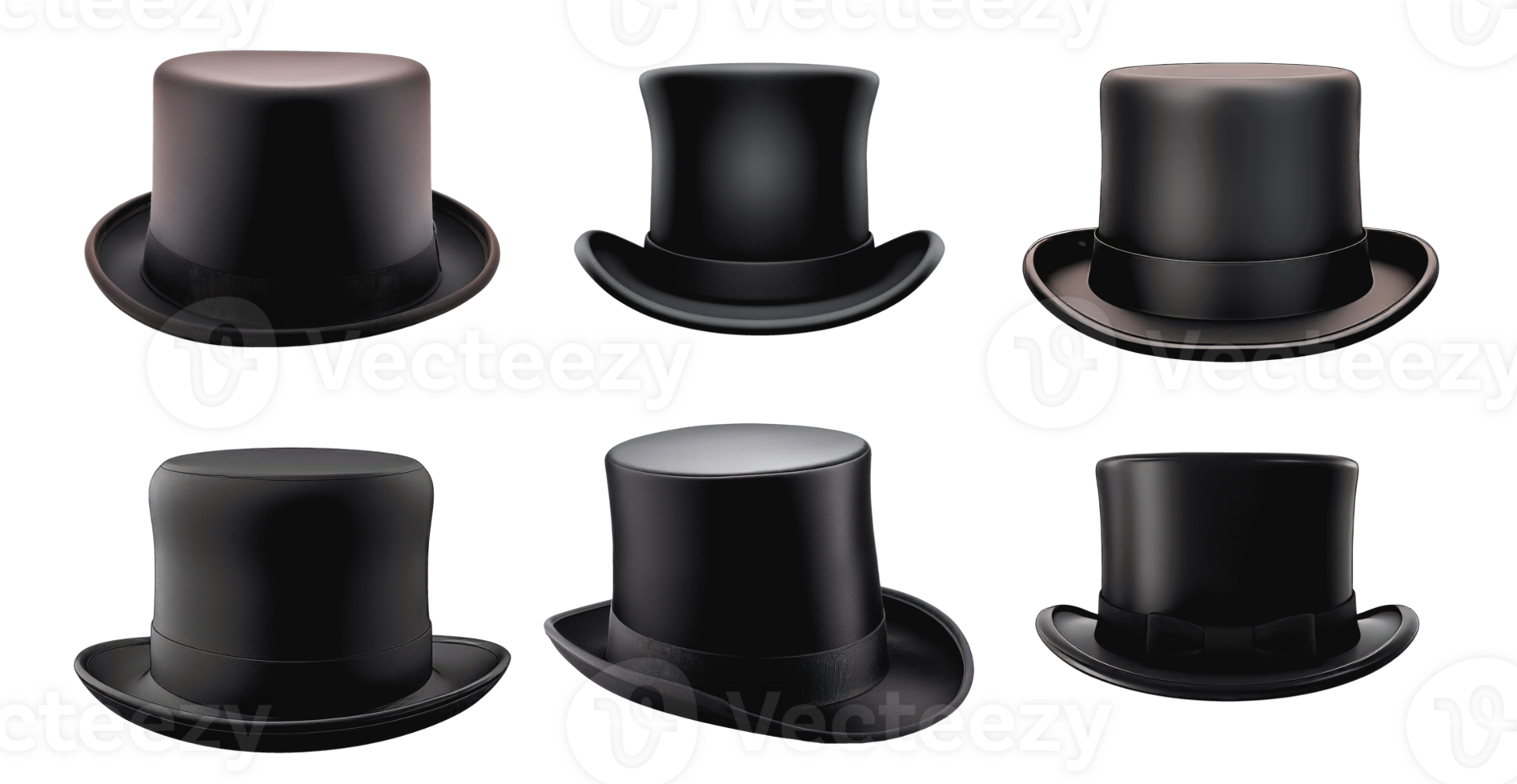 Collection of black top hats in various styles and angles png