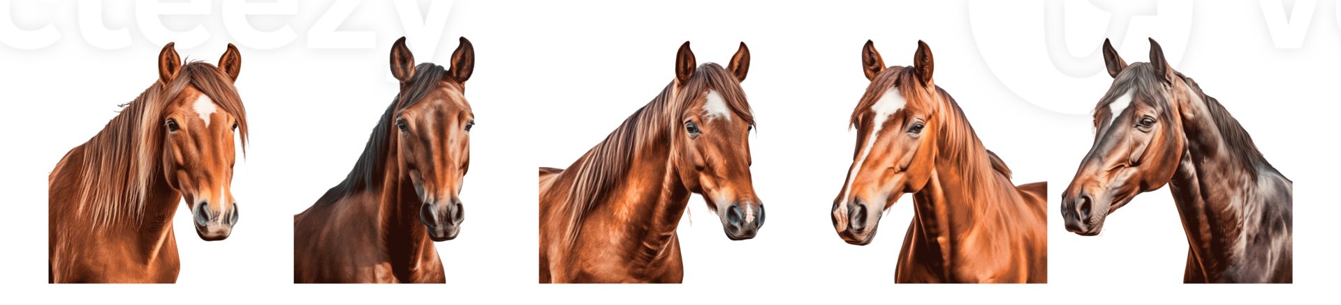 Collection of brown horse heads on a transparent background png