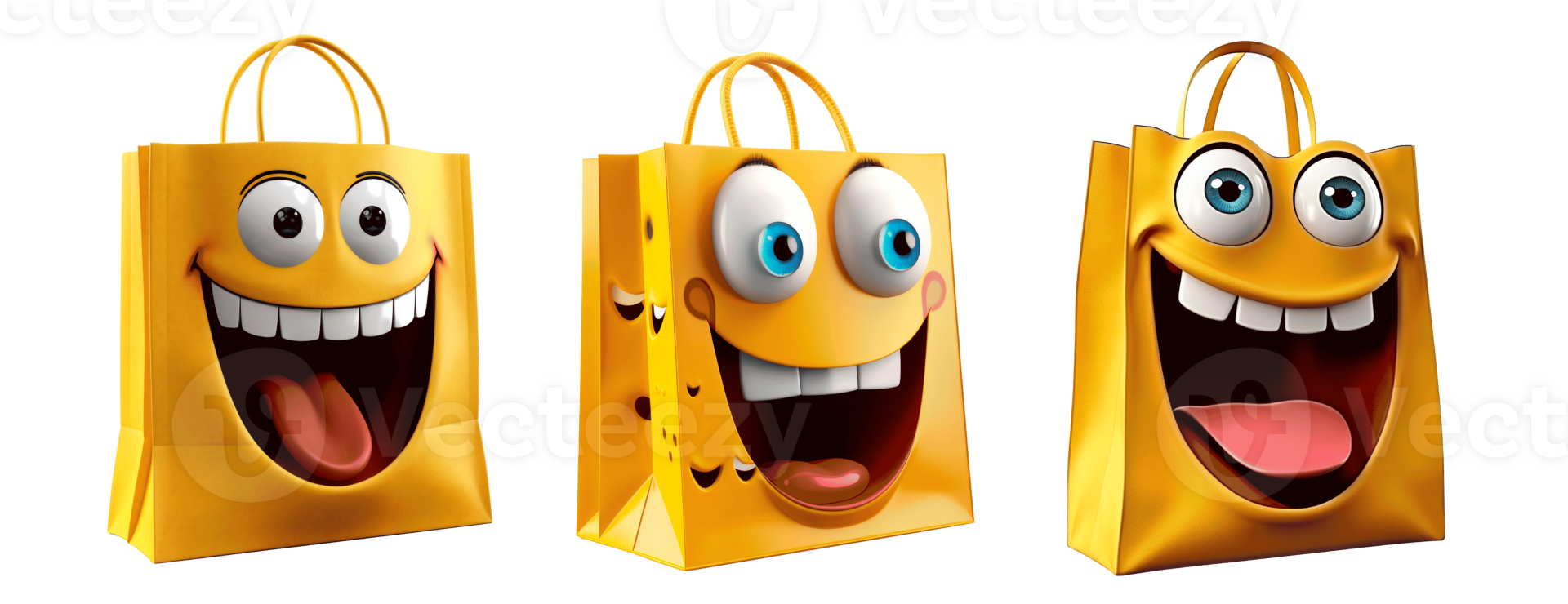 Three cheerful yellow shopping bags with cartoon faces displaying happiness. png