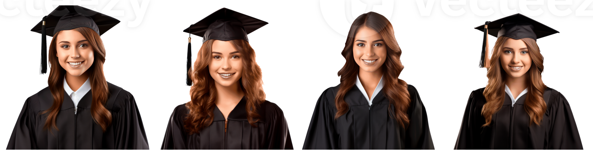Four smiling graduates in caps and gowns celebrating their achievement png