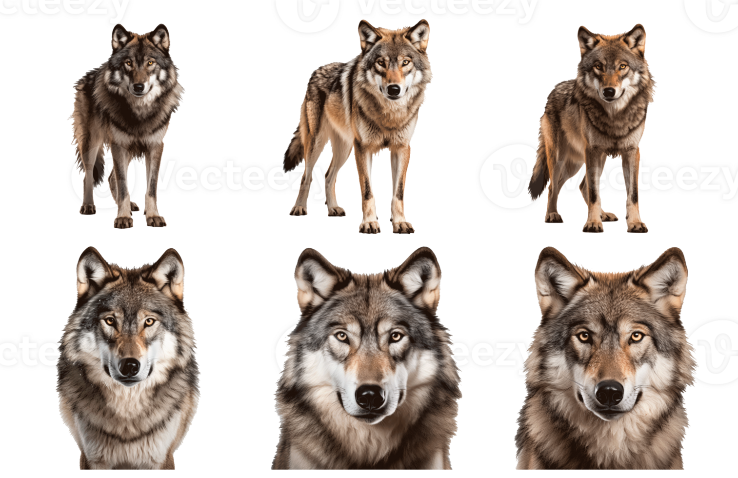 Collection of wolves showing different poses and expressions on transparent background png