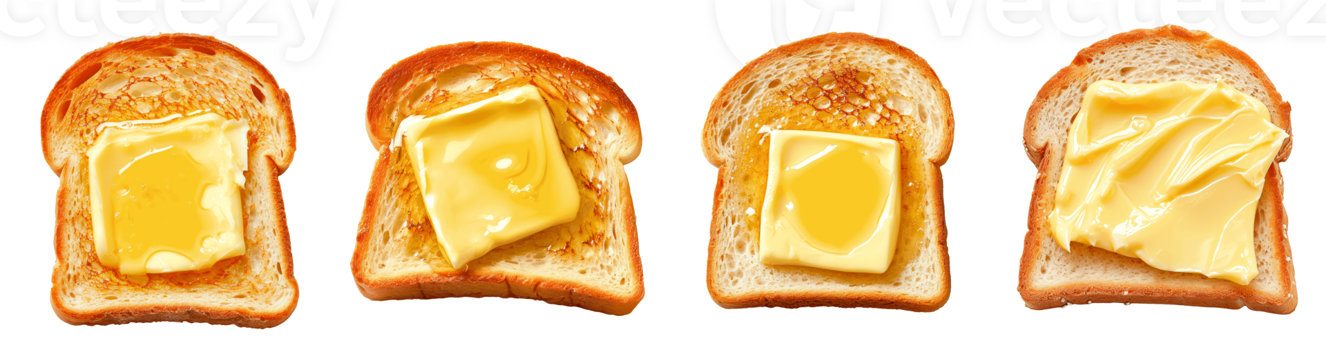 Different stages of butter spread on toasted bread slices png