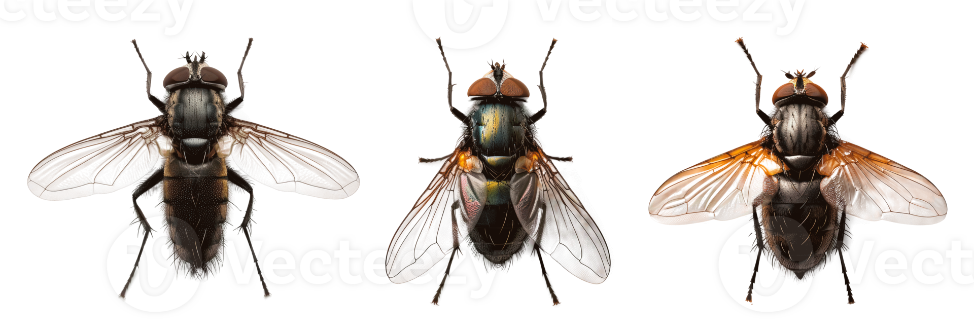 Three detailed honeybees showcasing their structure and wings on transparent background png