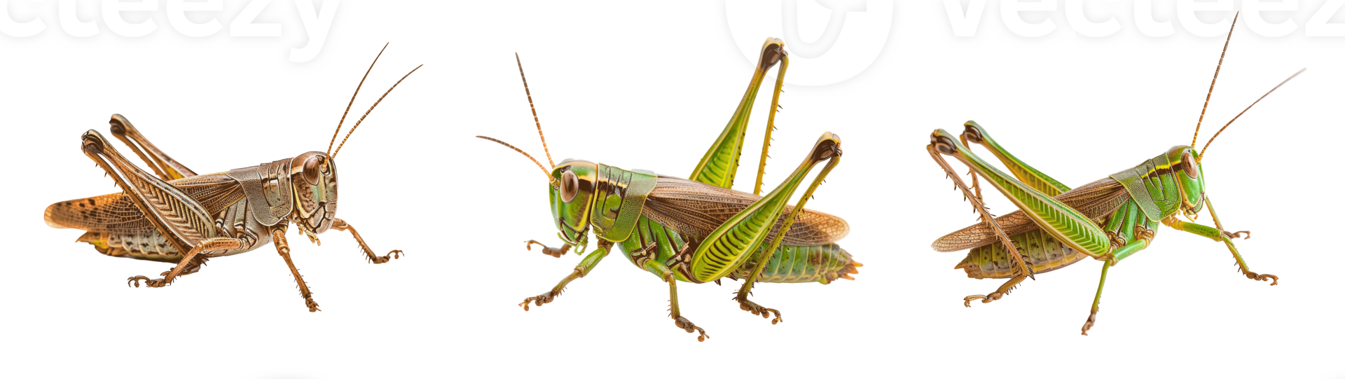 Three realistic grasshoppers showcasing detailed anatomy and vibrant colors png