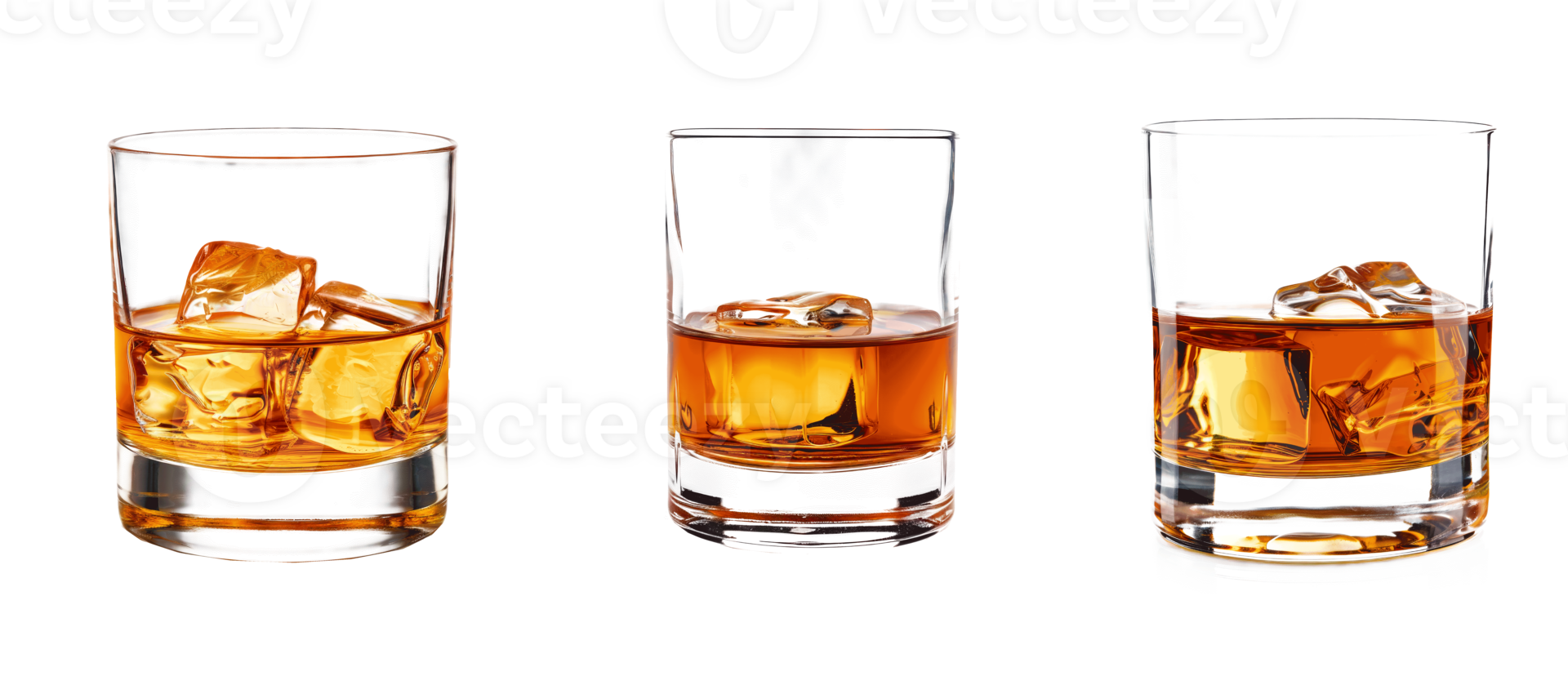 Three glasses of whiskey with ice cubes on a transparent background png