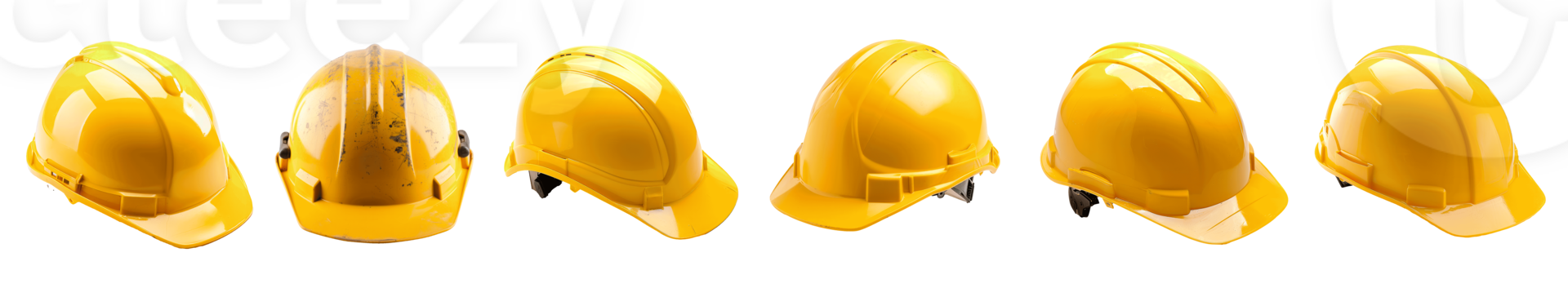 A series of yellow hard hats arranged in a row on a transparent background png