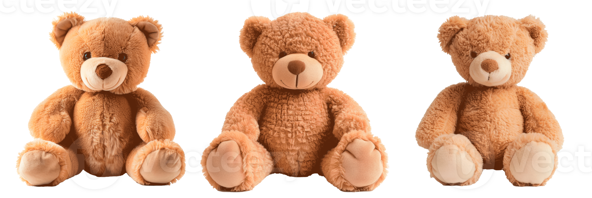 Three cute plush teddy bears with soft fur and friendly expressions png