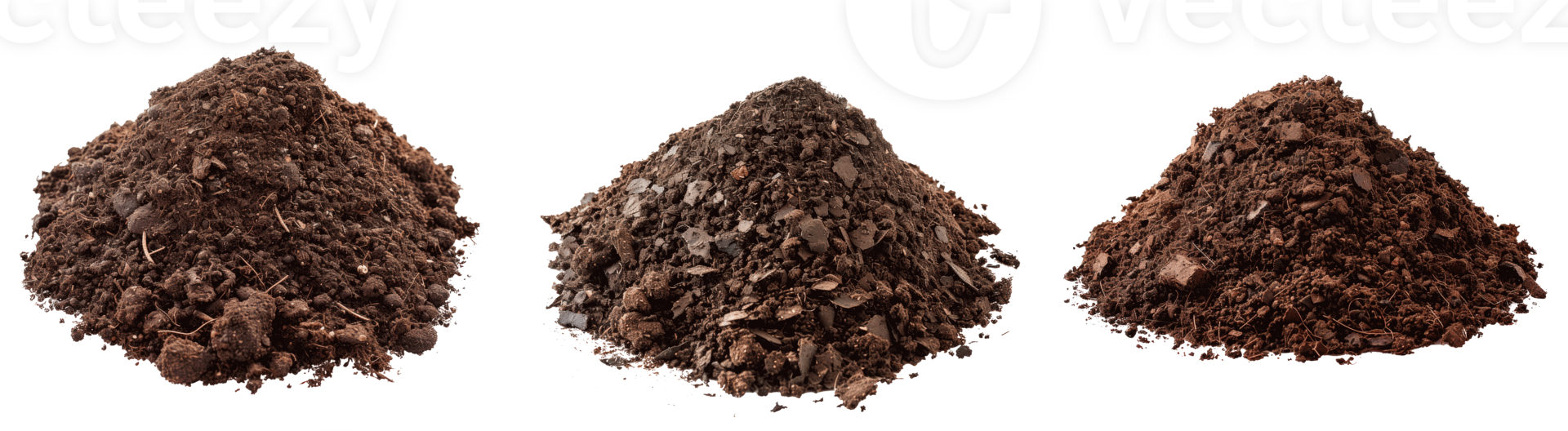 Three distinct piles of soil showcasing different textures and colors png