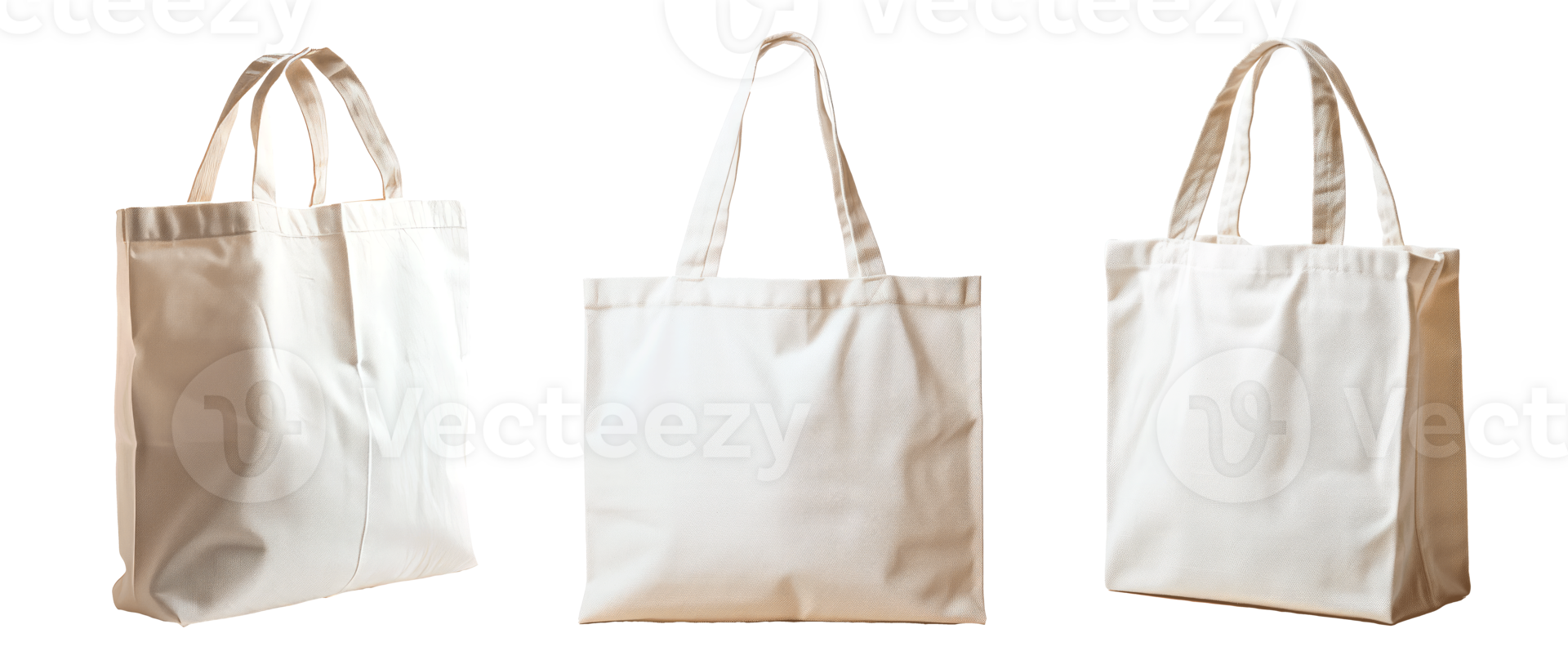 Three white canvas tote bags displayed from different angles png