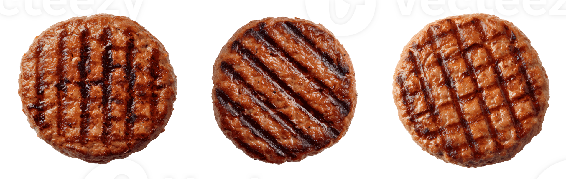 Three grilled burger patties isolated on a transparent background png