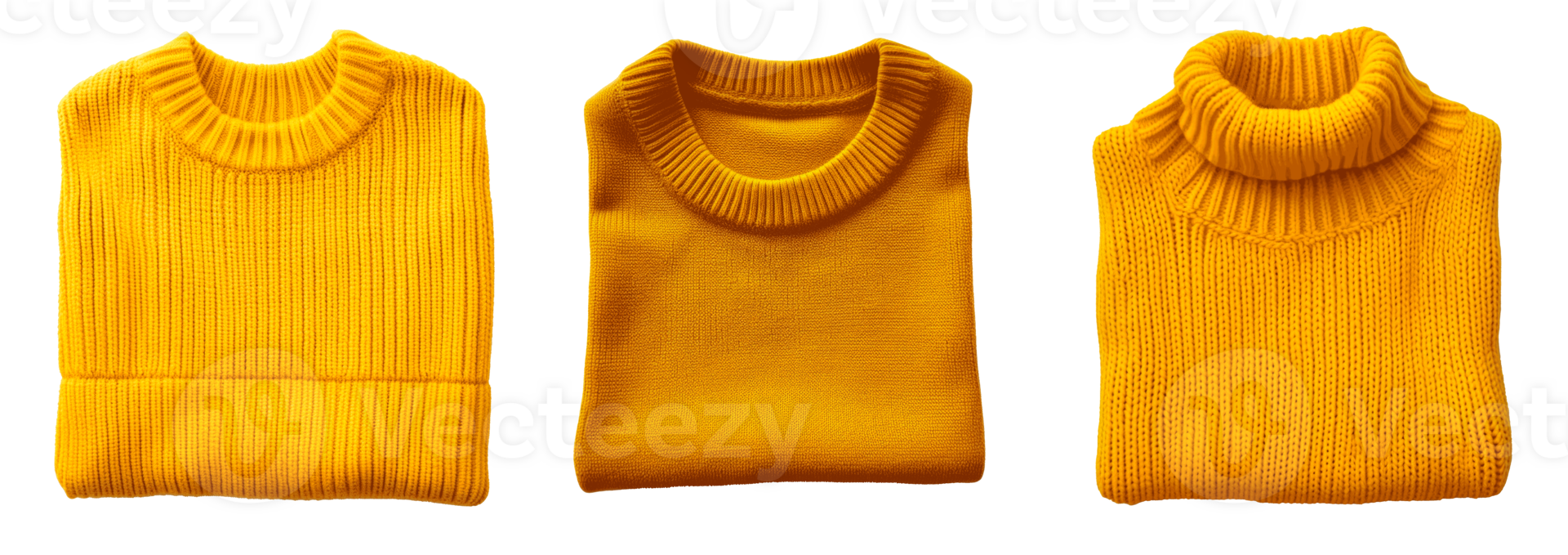 Three folded yellow sweaters showcasing different styles and textures png