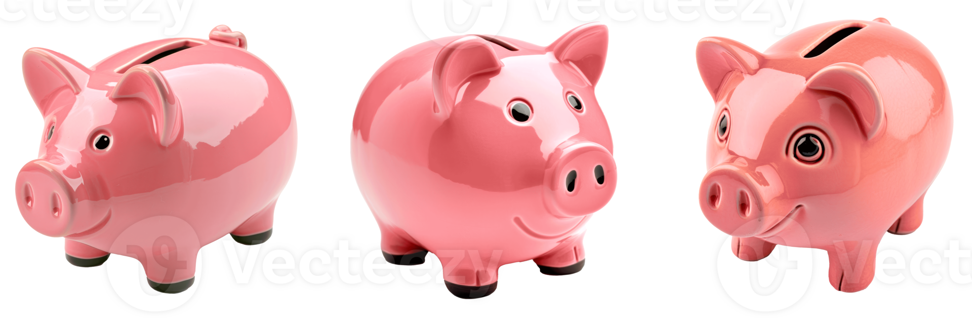 Three cute pink piggy banks isolated on a transparent background png