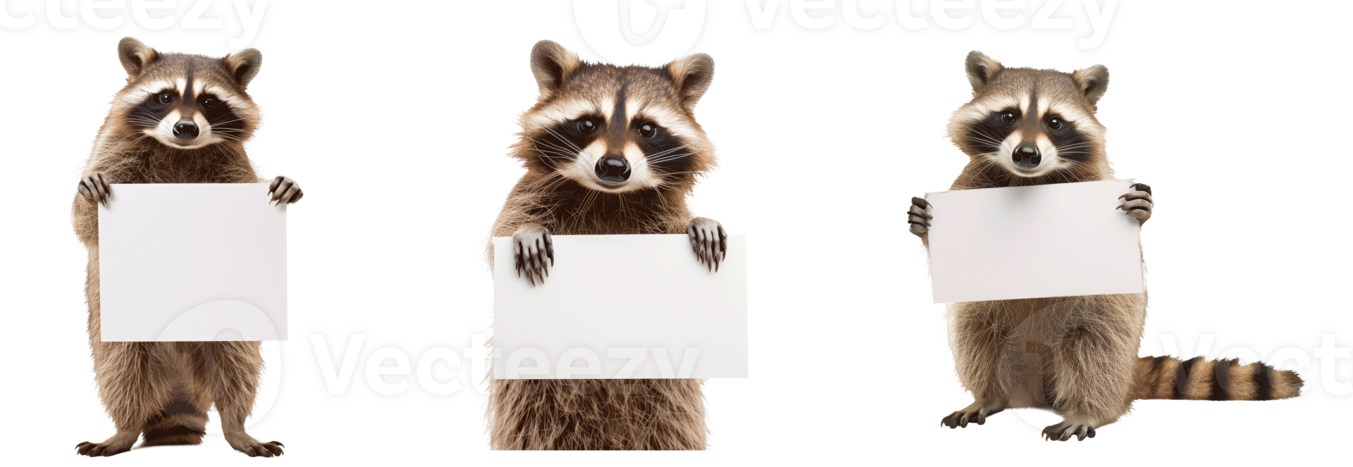 Three cute raccoons holding blank signs in a playful pose. png