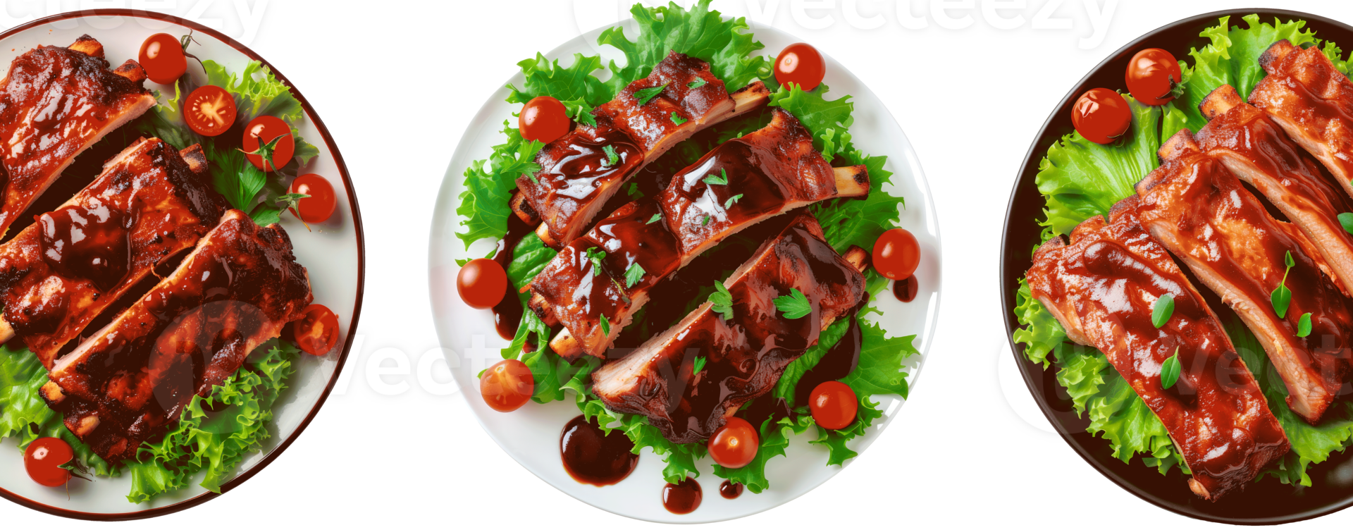 Assorted barbecue ribs served with salad and tomatoes on plates png