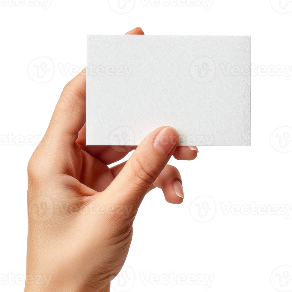 A hand holding a blank white card for business presentation. png