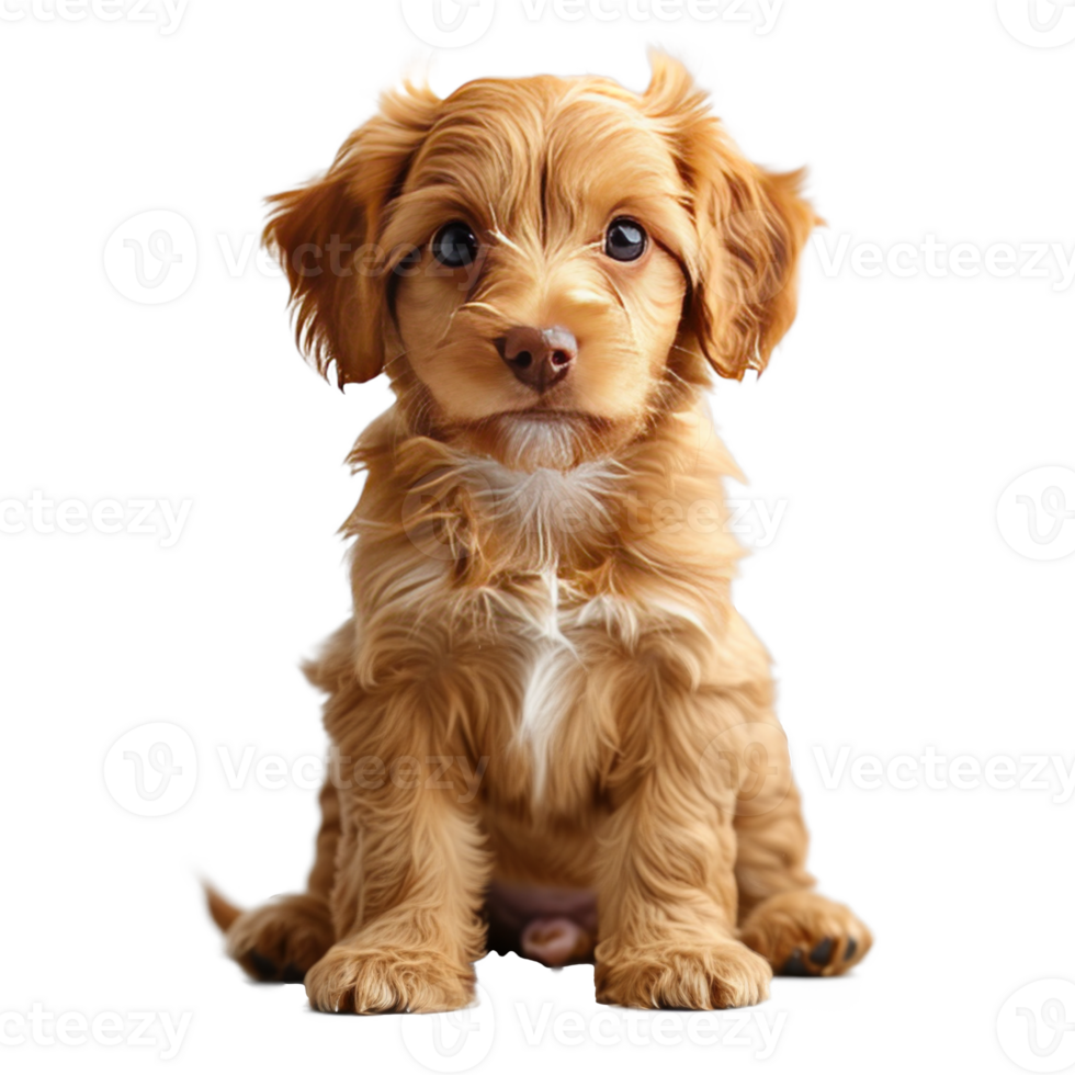 A cute brown puppy sitting with a playful expression on its face png