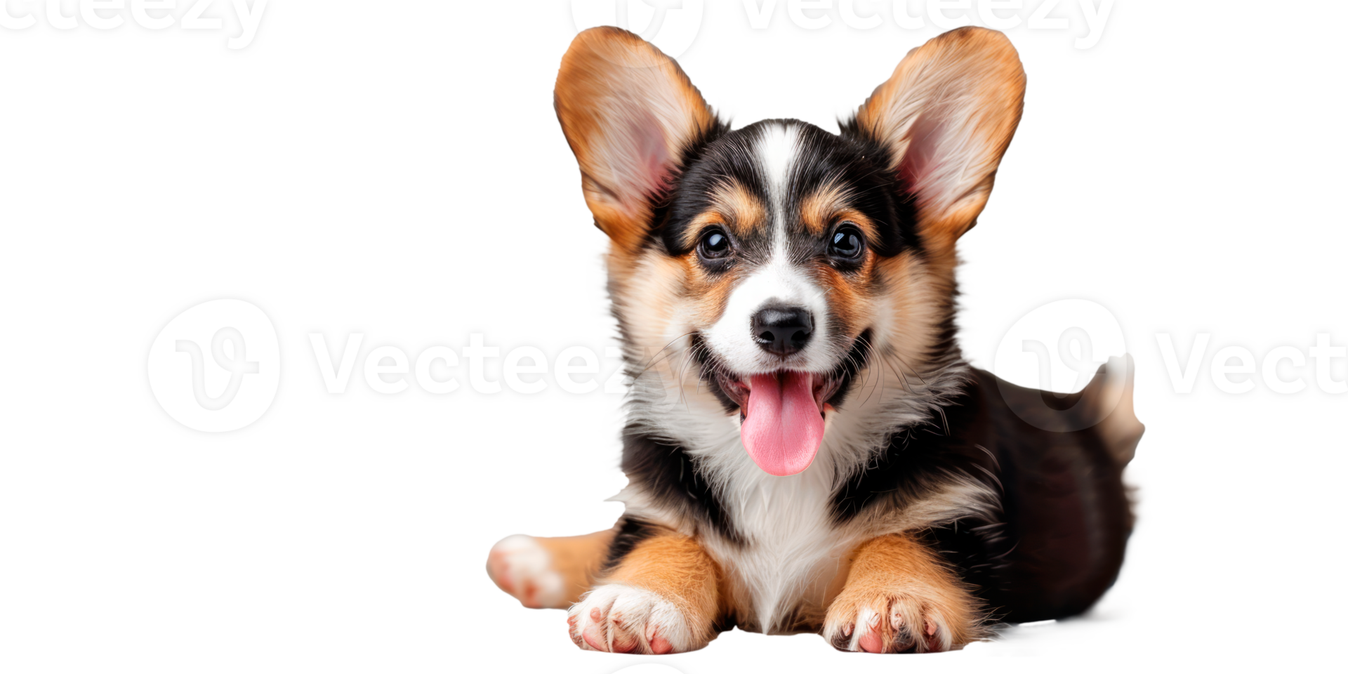 A happy corgi puppy lying down with a playful expression. png