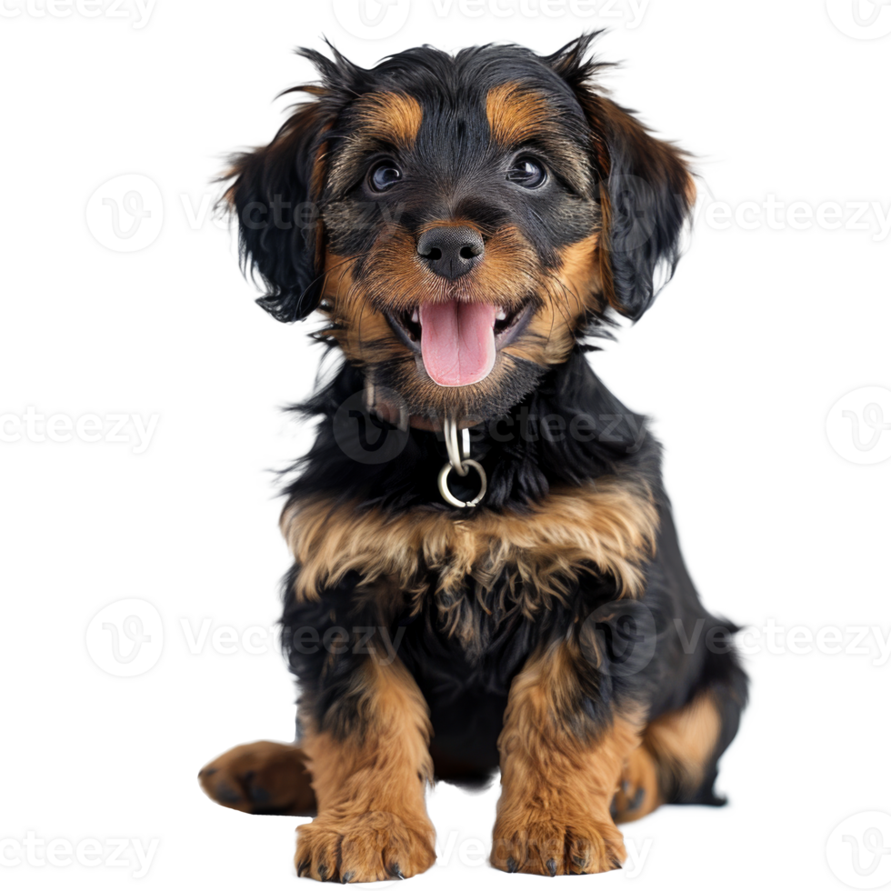 A cheerful puppy with a playful expression sitting on a transparent background png