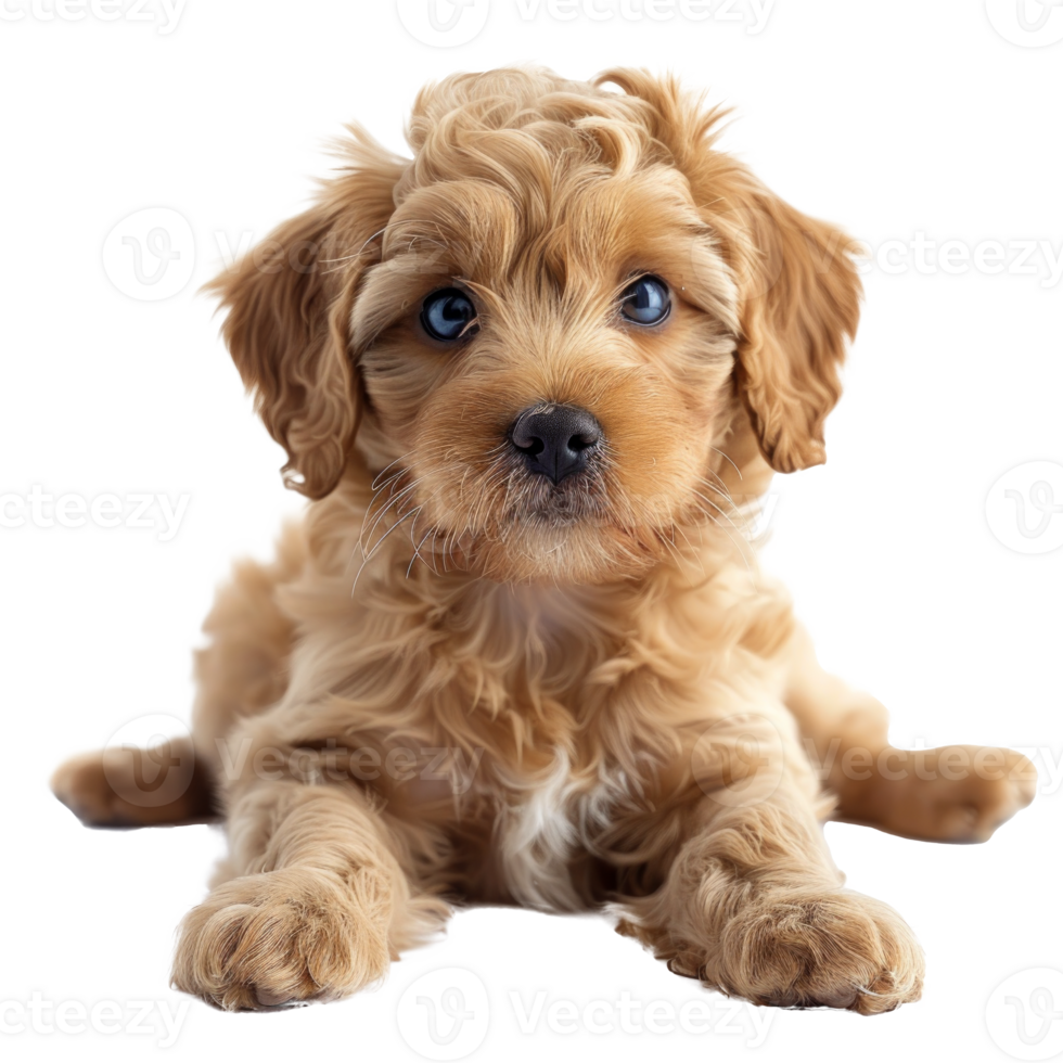 Adorable fluffy puppy with big eyes lying down on a white background png