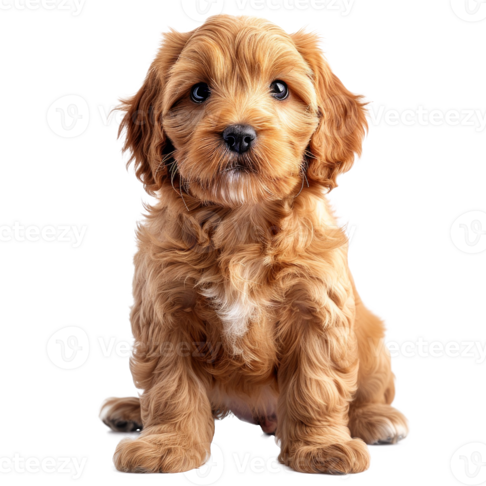 Adorable golden puppy sitting with a playful expression on its face png