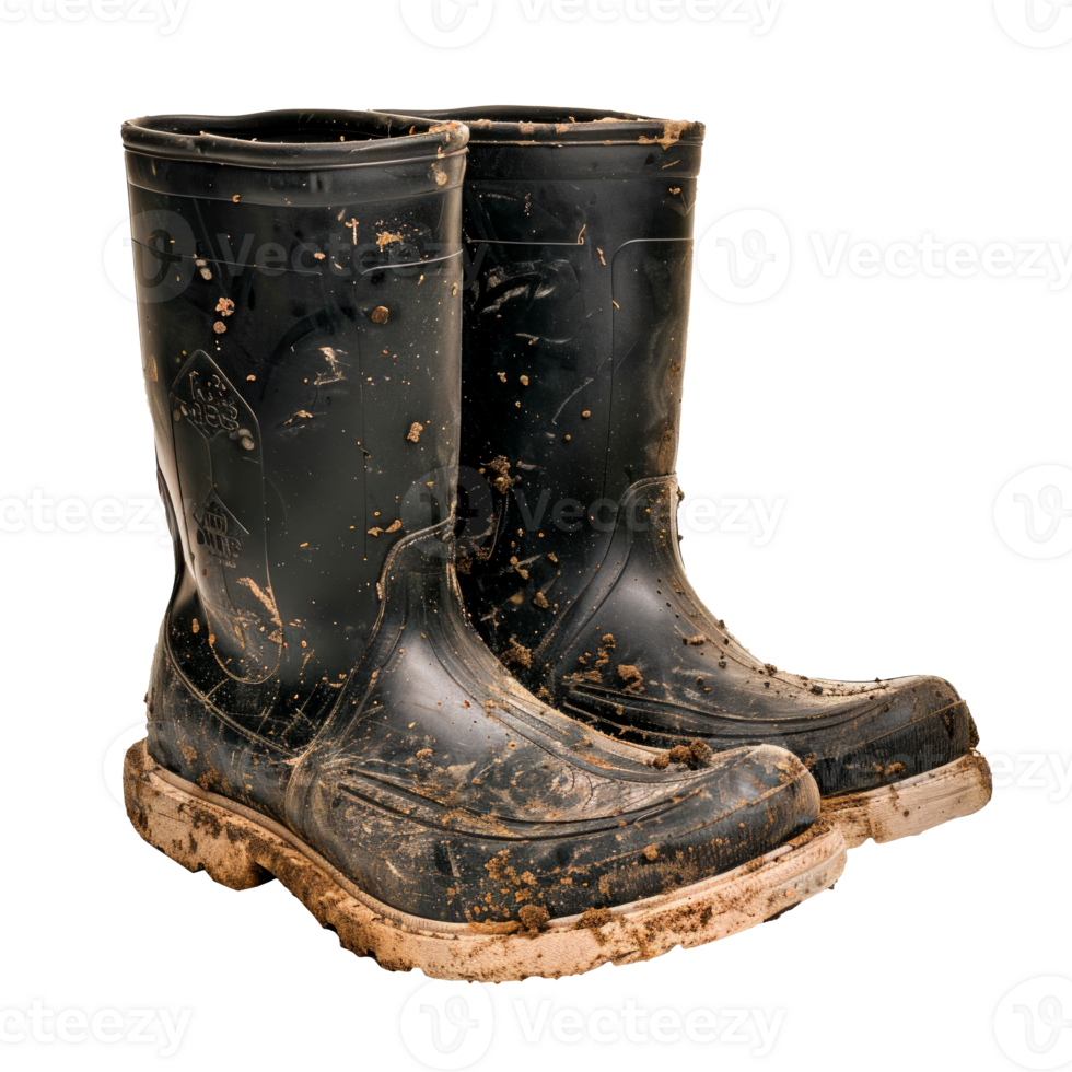 Muddy black rubber boots isolated on a transparent background png