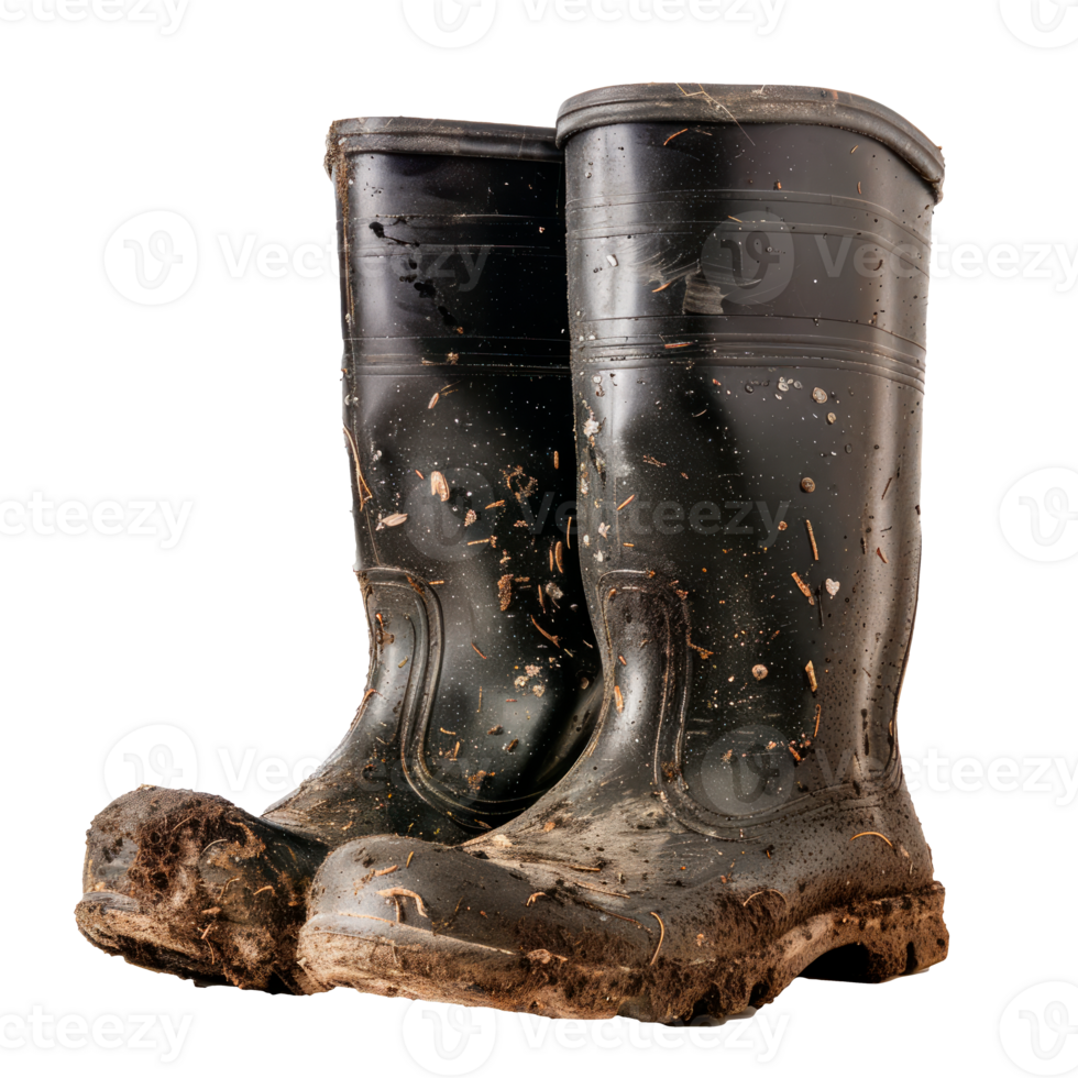 Worn black rubber boots covered in mud for outdoor activities png