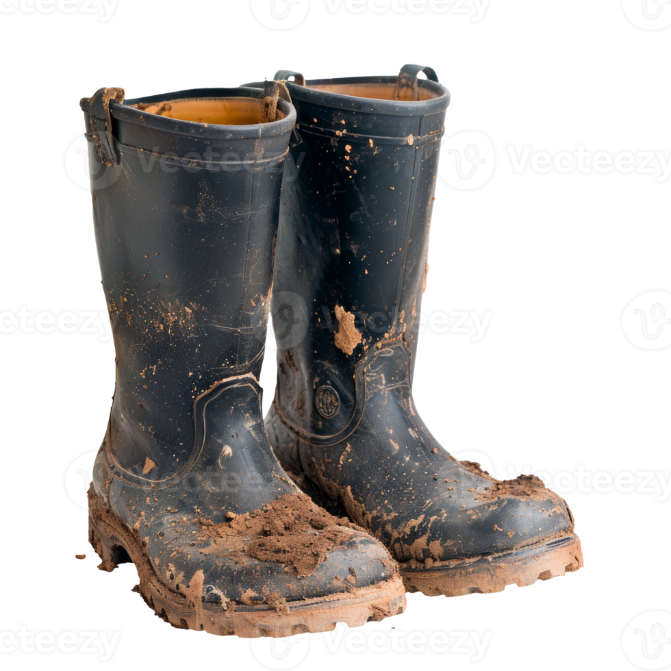 A pair of muddy rubber boots suitable for outdoor work and gardening. png