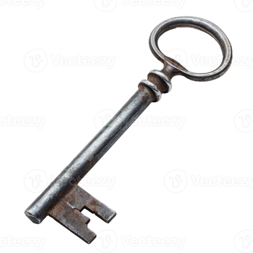 Antique metal key with a round ring and rusty finish png