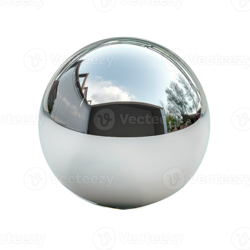 A shiny metallic sphere reflecting its surroundings in a minimalist style. png