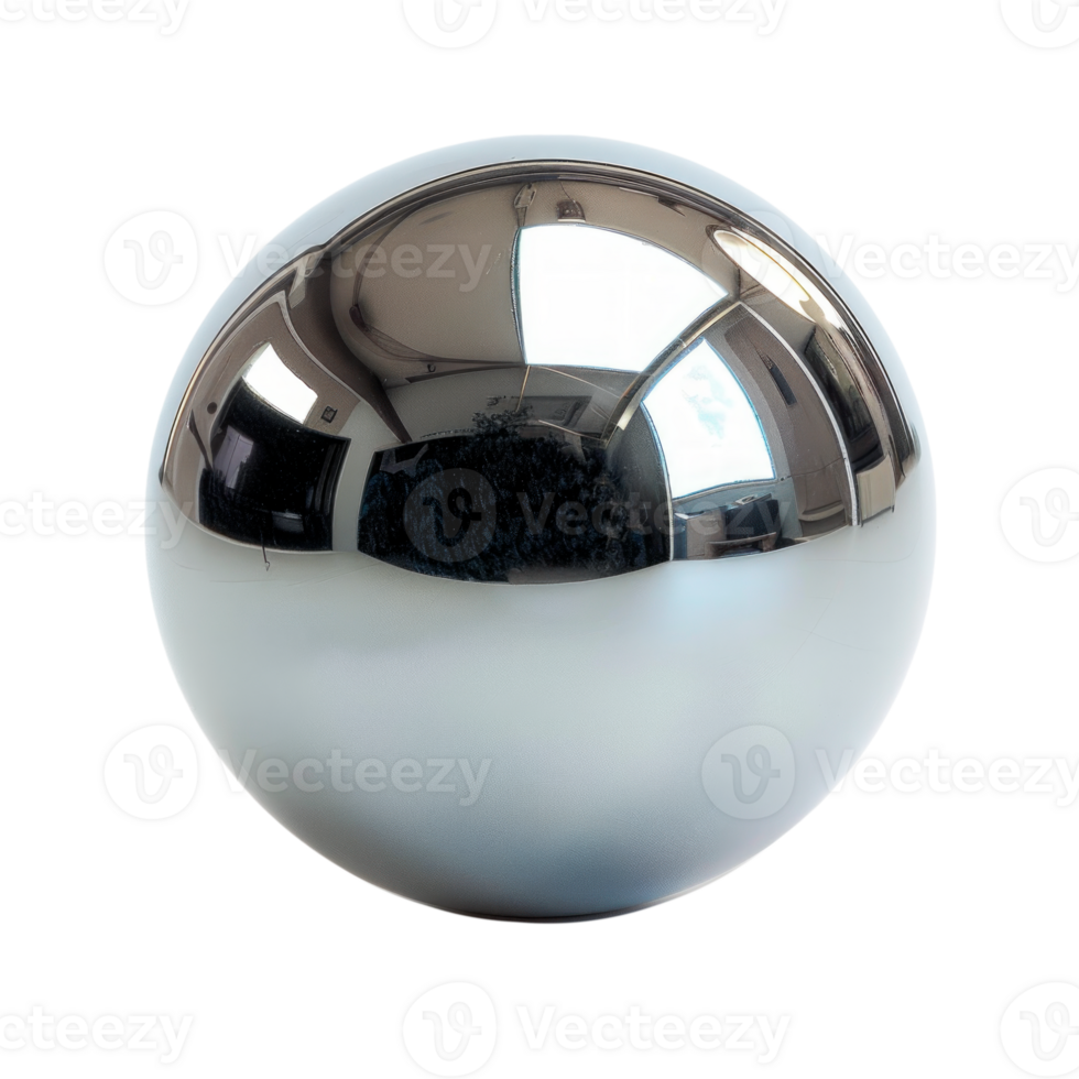 A shiny metallic sphere reflecting its surroundings on a transparent background png