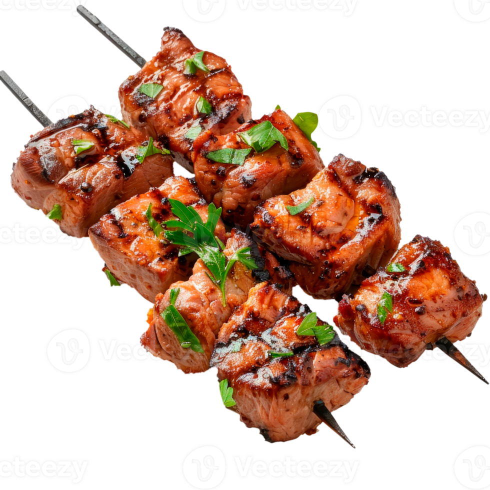 Grilled meat skewers garnished with herbs on a white background png